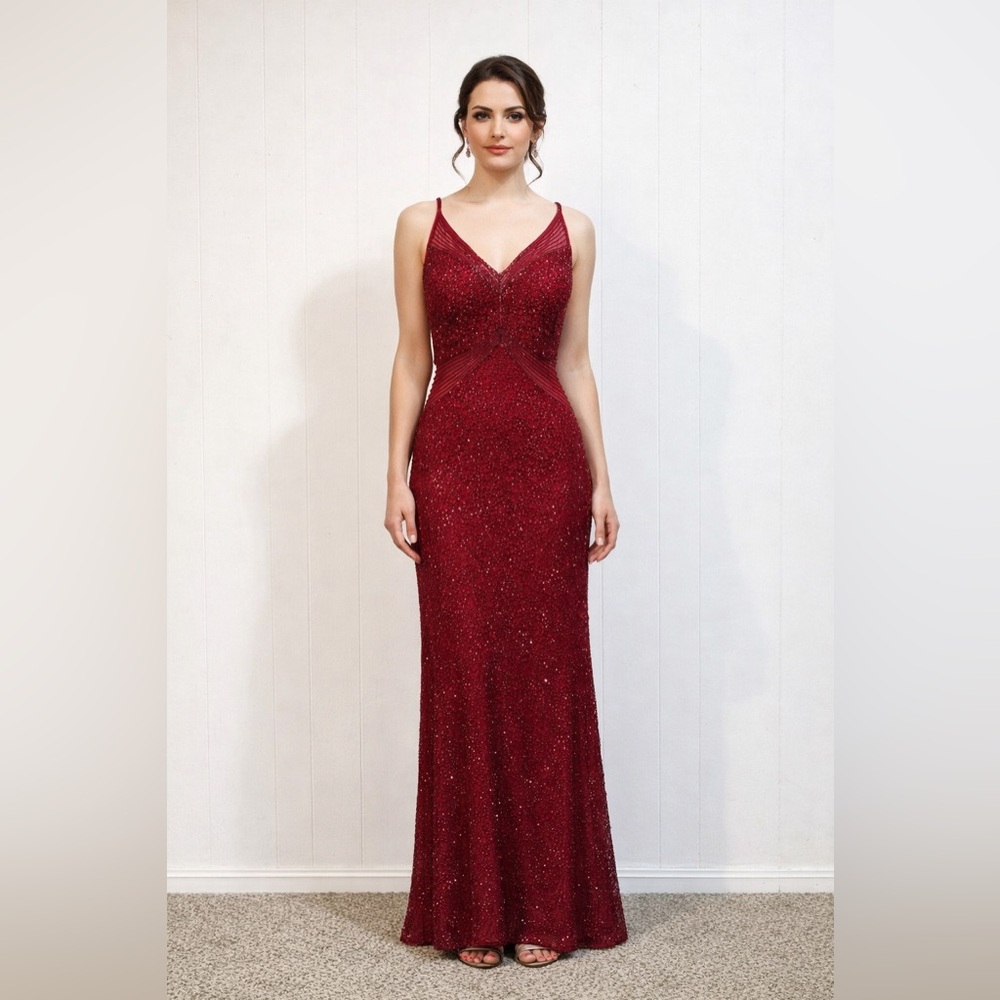 Vintage Scala Ruby Red Beaded Silk Evening Gown Low Back Formal Dress Size XL